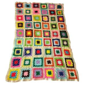 Vintage Handmade Granny Square Crochet Blanket Throw 65"x 40" Cotton Blend